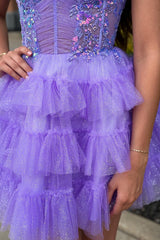 Dressystars Glitter Lavender Homecoming Dresses Ruffled Short Corset Cocktail Dresses With Sequins