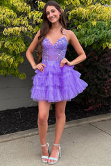 Dressystars Glitter Lavender Homecoming Dresses Ruffled Short Corset Cocktail Dresses With Sequins