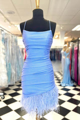 Dressystars Glitter Light Blue Homecoming Dress Feathered Tight Short Prom Dress