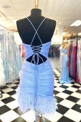 Dressystars Glitter Light Blue Homecoming Dress Feathered Tight Short Prom Dress