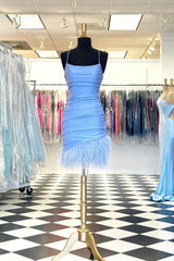 Dressystars Glitter Light Blue Homecoming Dress Feathered Tight Short Prom Dress