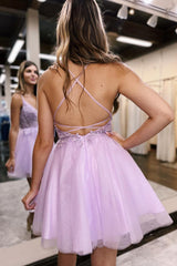 Dressystars Glitter Lilac Homecoming Dress Corset A-Line Tulle Short Prom Dress with Lace