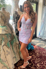 Dressystars Glitter Lilac Homecoming Dress Corset Lace Tight Short Prom Dress
