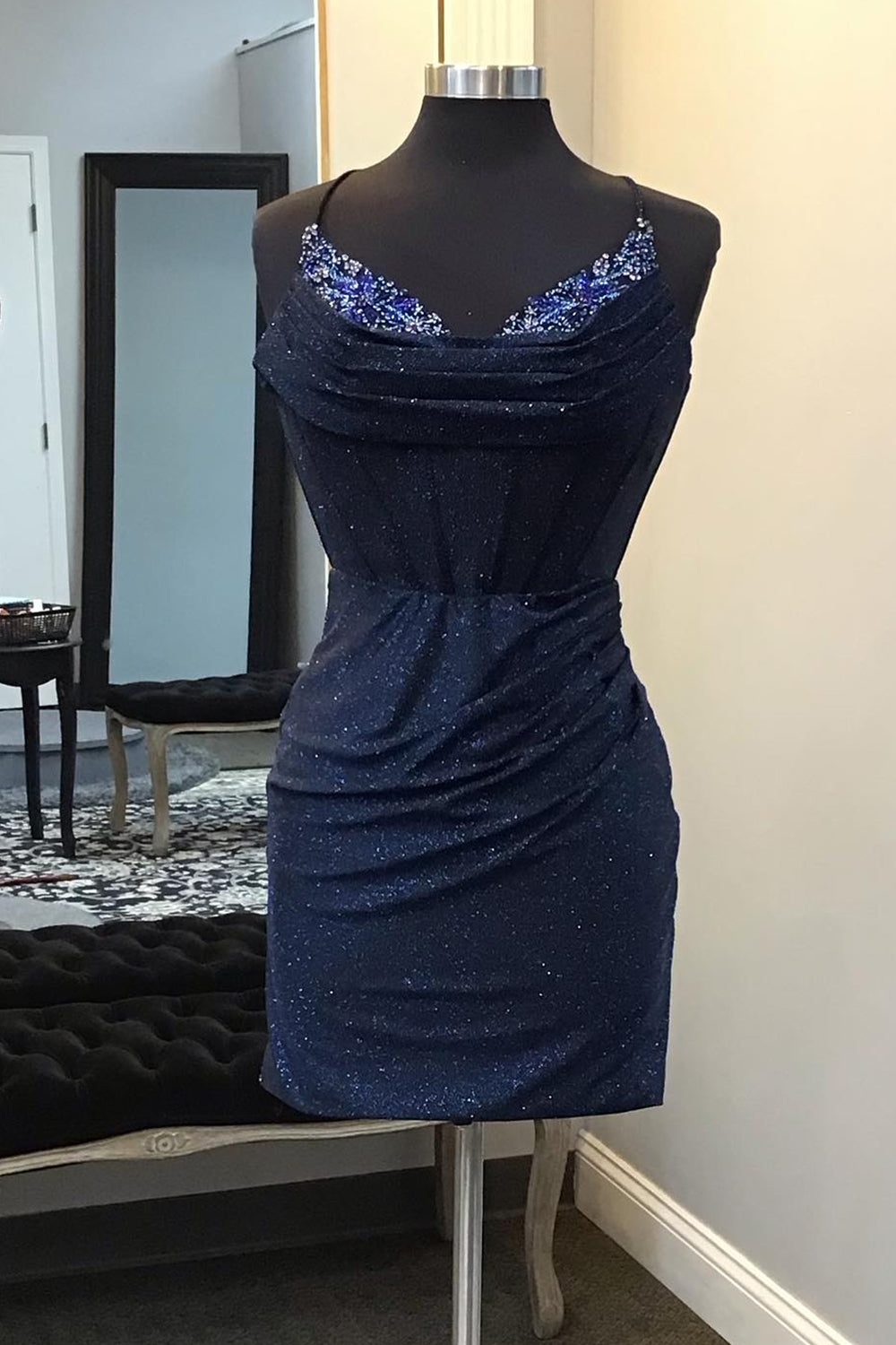 Dressystars Glitter Navy Homecoming Dress Beaded Corset Lace-Up Back Tight Short Prom Dress