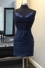 Dressystars Glitter Navy Homecoming Dress Beaded Corset Lace-Up Back Tight Short Prom Dress