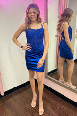 Dressystars Glitter Navy Homecoming Dress Corset Spaghetti Straps Tight Short Prom Dress with Lace