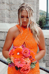 Dressystars Glitter Orange Homecoming Dress Halter Backless Sequin Tight Prom Dress