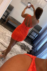 Dressystars Glitter Orange Homecoming Dress One Shoulder Beaded Tight Prom Dress