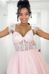 Dressystars Glitter Pink Homecoming Dress A-Line Corset Tulle Short Prom Dress with Feathers