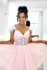 Dressystars Glitter Pink Homecoming Dress A-Line Corset Tulle Short Prom Dress with Feathers