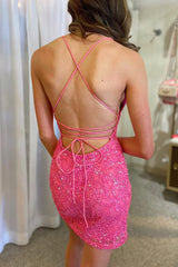 Dressystars Glitter Pink Homecoming Dress Beaded Tight Sequin Short Prom Dress