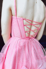 Dressystars Glitter Pink Homecoming Dress Corset Tulle A-Line Tulle Short Prom Dress With Pocket