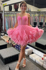 Dressystars Glitter Pink Homecoming Dress Corset Tulle A-Line Tulle Short Prom Dress With Pocket