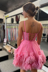 Dressystars Glitter Pink Homecoming Dress Corset Tulle A-Line Tulle Short Prom Dress With Pocket