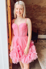 Dressystars Glitter Pink Homecoming Dress Corset Tulle A-Line Tulle Short Prom Dress With Pocket