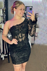 Dressystars Glitter Pink Homecoming Dress One Shoulder Corset Lace Tight Short Prom Dress with Feathers