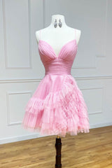 Dressystars Glitter Pink Homecoming Dress Tulle A-Line Short Ruffled Prom Dress