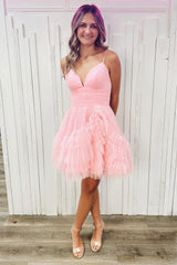 Dressystars Glitter Pink Homecoming Dress Tulle A-Line Short Ruffled Prom Dress