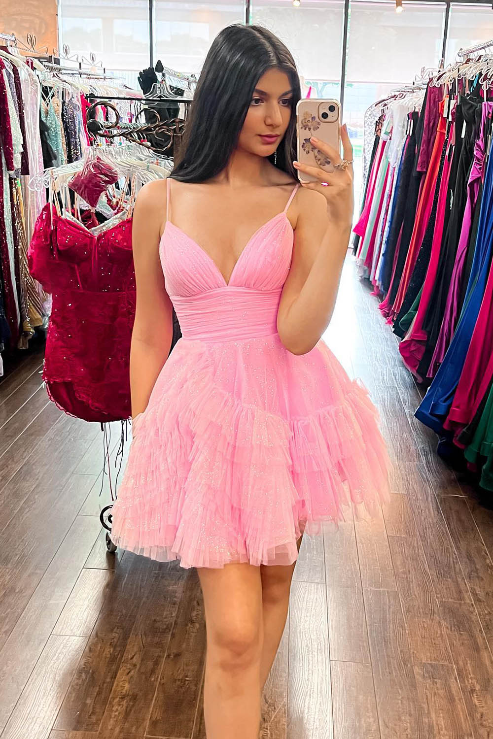 Dressystars Glitter Pink Homecoming Dress Tulle A-Line Short Ruffled Prom Dress