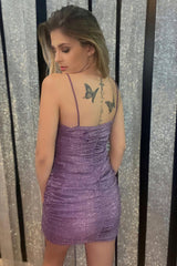 Dressystars Glitter Purple Homecoming Dress Ruched Tight Short Prom Dress