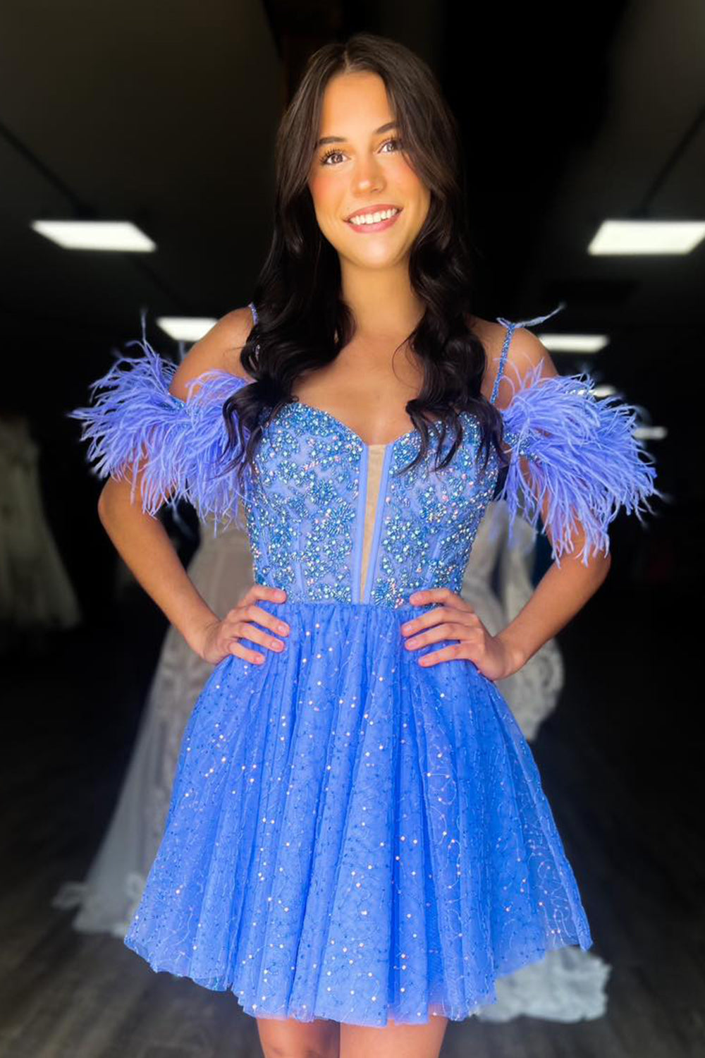 Dressystars Glitter Red Homecoming Dress A-Line Sequin Tulle Short Prom Dress with Feathers