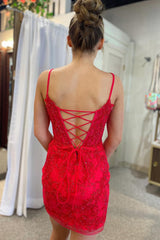 Dressystars Glitter Red Homecoming Dress Lace Spaghetti Straps Tight Short Prom Dress