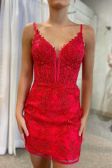 Dressystars Glitter Red Homecoming Dress Lace Spaghetti Straps Tight Short Prom Dress