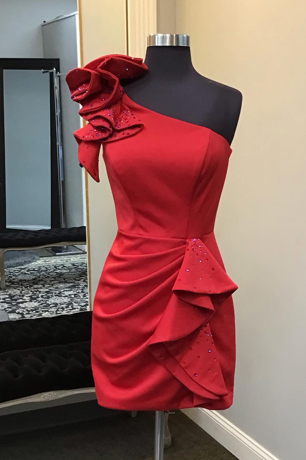 Dressystars Glitter Red Homecoming Dress One Shoulder Tiered Prom Dress With Beadings