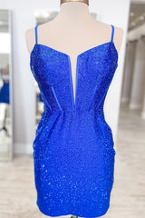 Dressystars Glitter Royal Blue Homecoming Dress Beaded Tight Corset Short Prom Dress