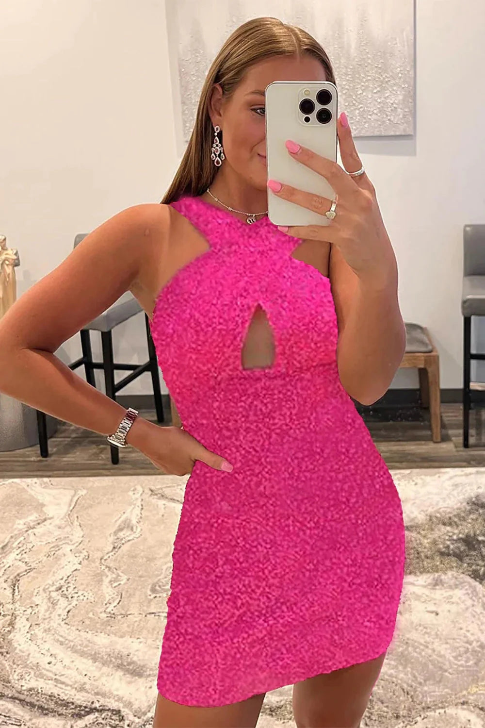 Dressystars Glitter Royal Blue Homecoming Dress Halter Backless Sequin Tight Prom Dress