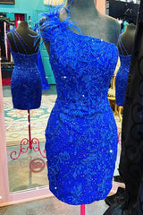 Dressystars Glitter Royal Blue Homecoming Dress Lace One Shoulder Tight Short Prom Dress with Feathers