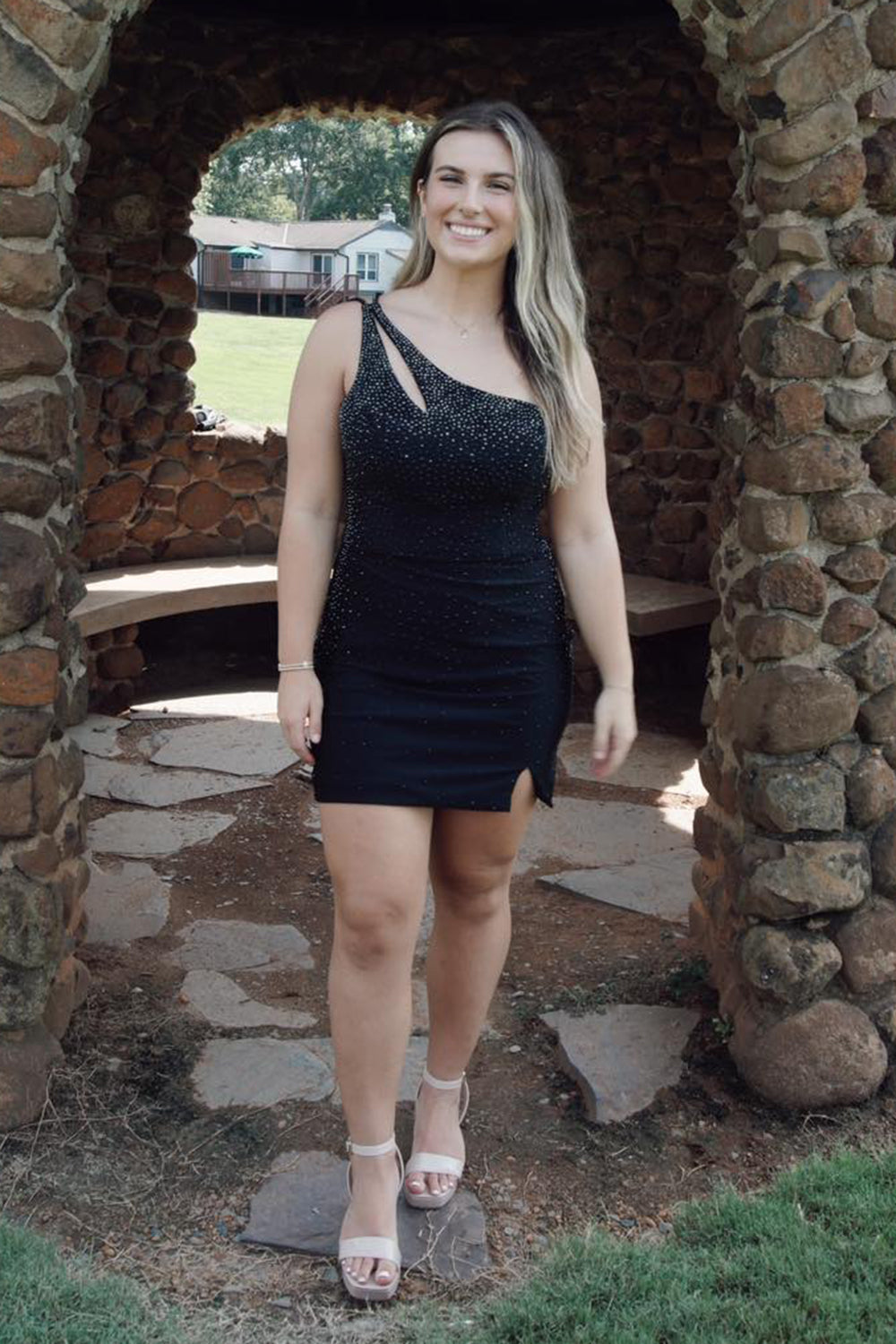 Dressystars Glitter Royal Blue Homecoming Dress One Shoulder Sequin Tight Short Prom Dress