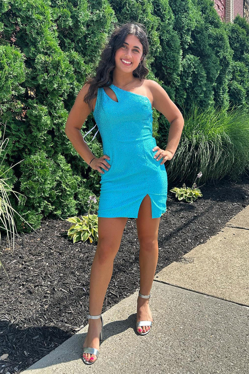 Dressystars Glitter Royal Blue Homecoming Dress One Shoulder Sequin Tight Short Prom Dress