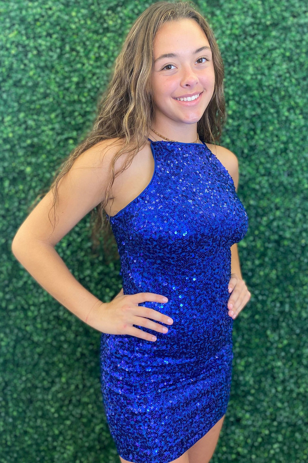 Dressystars Glitter Royal Blue Homecoming Dress Spaghetti Straps Sequin Tight Short Prom Dress