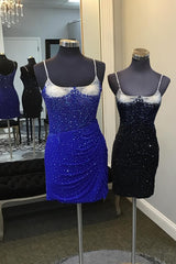 Dressystars Glitter Royal Blue Homecoming Dress Spaghetti Straps Tight Short Prom Dress With Beadings