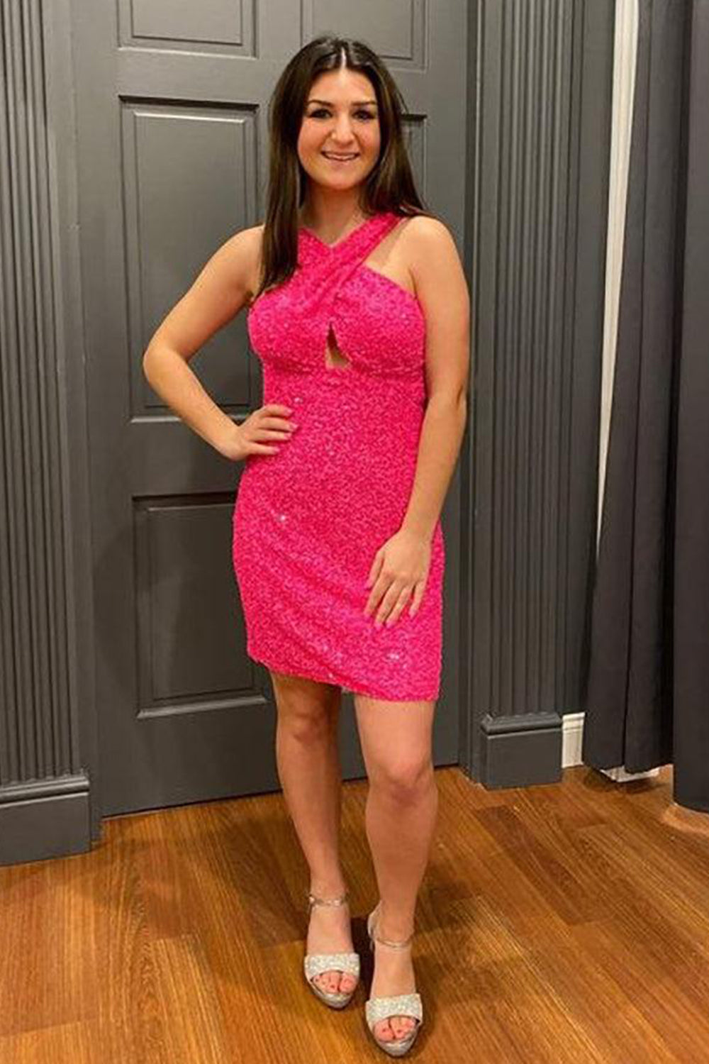 Dressystars Glitter Turquoise Homecoming Dress Halter Backless Sequin Tight Prom Dress