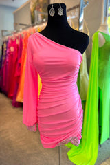 Dressystars Glitter Turquoise Homecoming Dress One Shoulder Tight Short Prom Dress with Sleeves