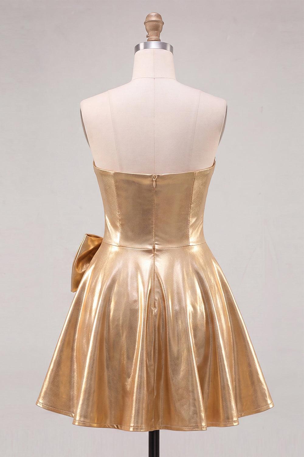 Dressystars Gold A Line Metallic Beaded Short Homecoming Dress with Bow