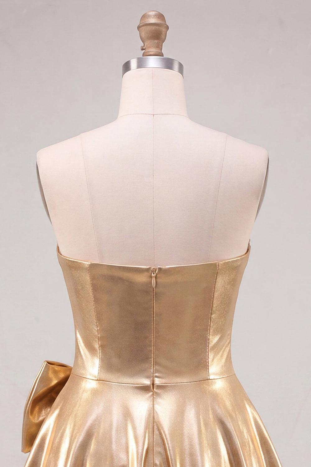 Dressystars Gold A Line Metallic Beaded Short Homecoming Dress with Bow