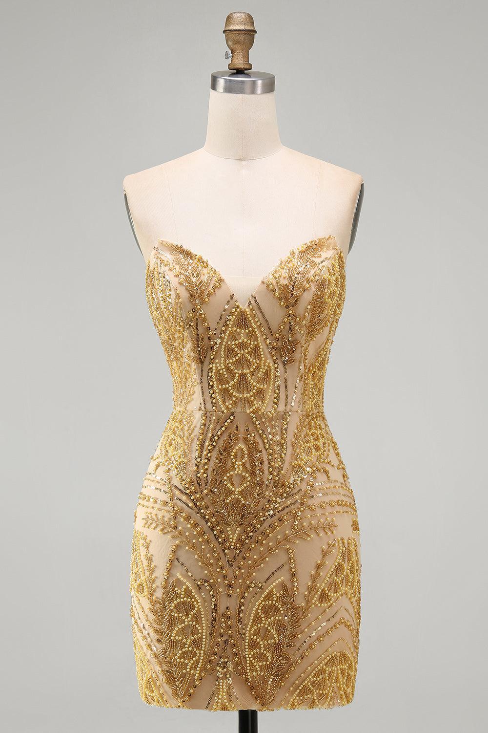 Dressystars Gold Beaded Tight Short Homecoming Dress