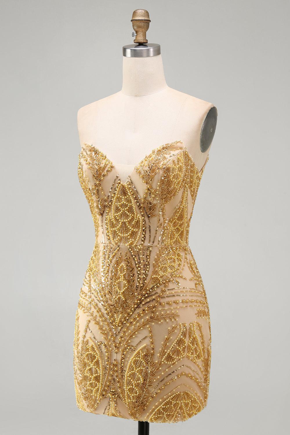 Dressystars Gold Beaded Tight Short Homecoming Dress