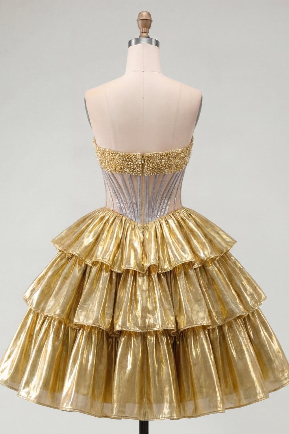 Dressystars Gold Metallic Strapless Beaded A-Line Corset Short Homecoming Dress
