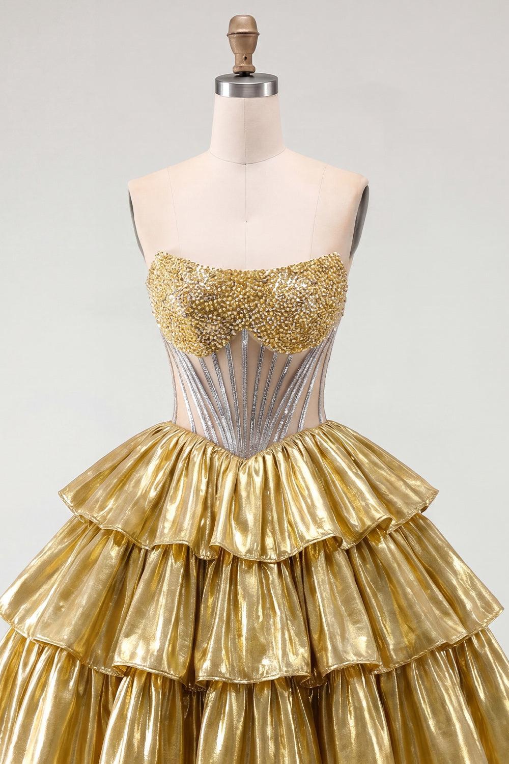 Dressystars Gold Metallic Strapless Beaded A-Line Corset Short Homecoming Dress