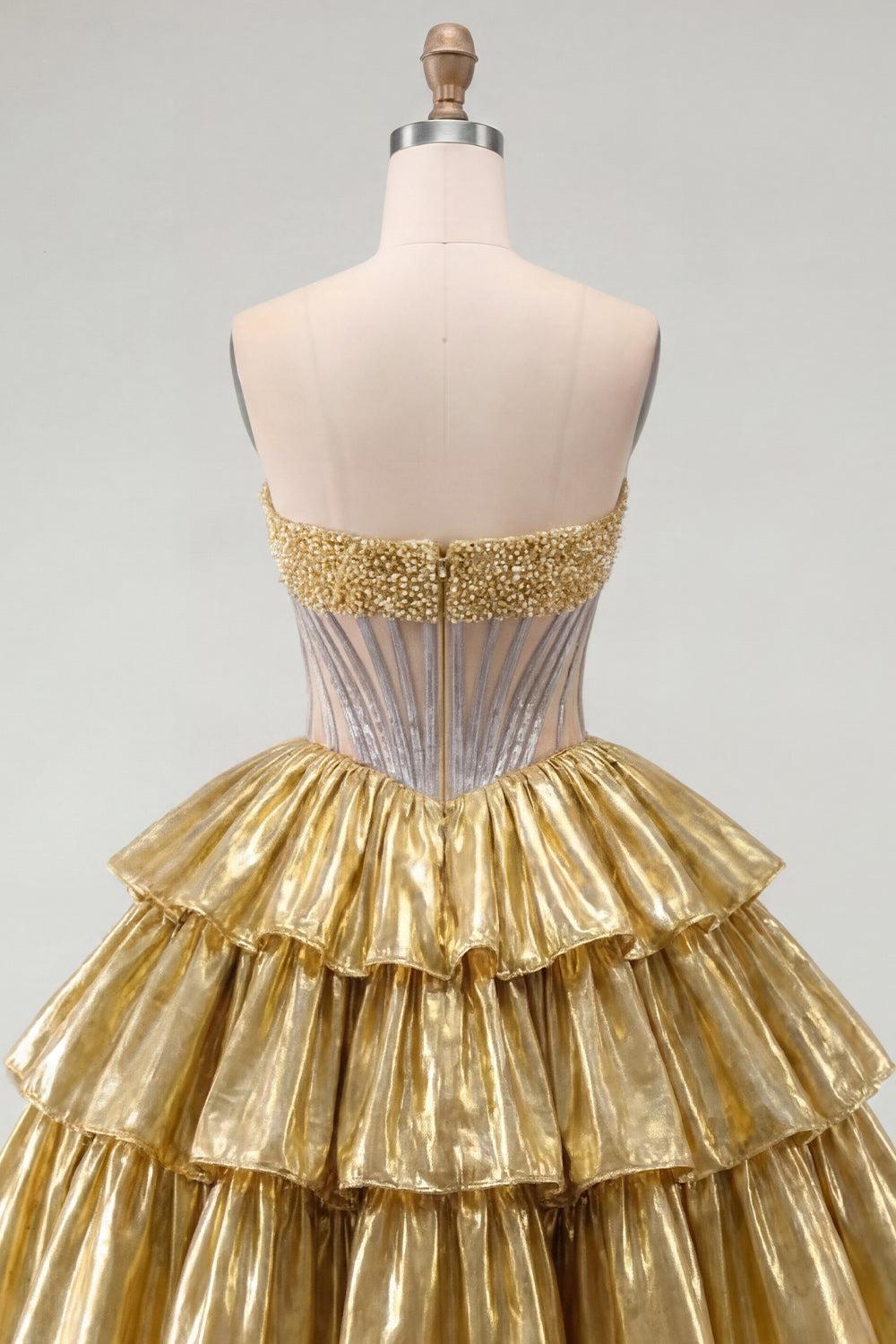 Dressystars Gold Metallic Strapless Beaded A-Line Corset Short Homecoming Dress