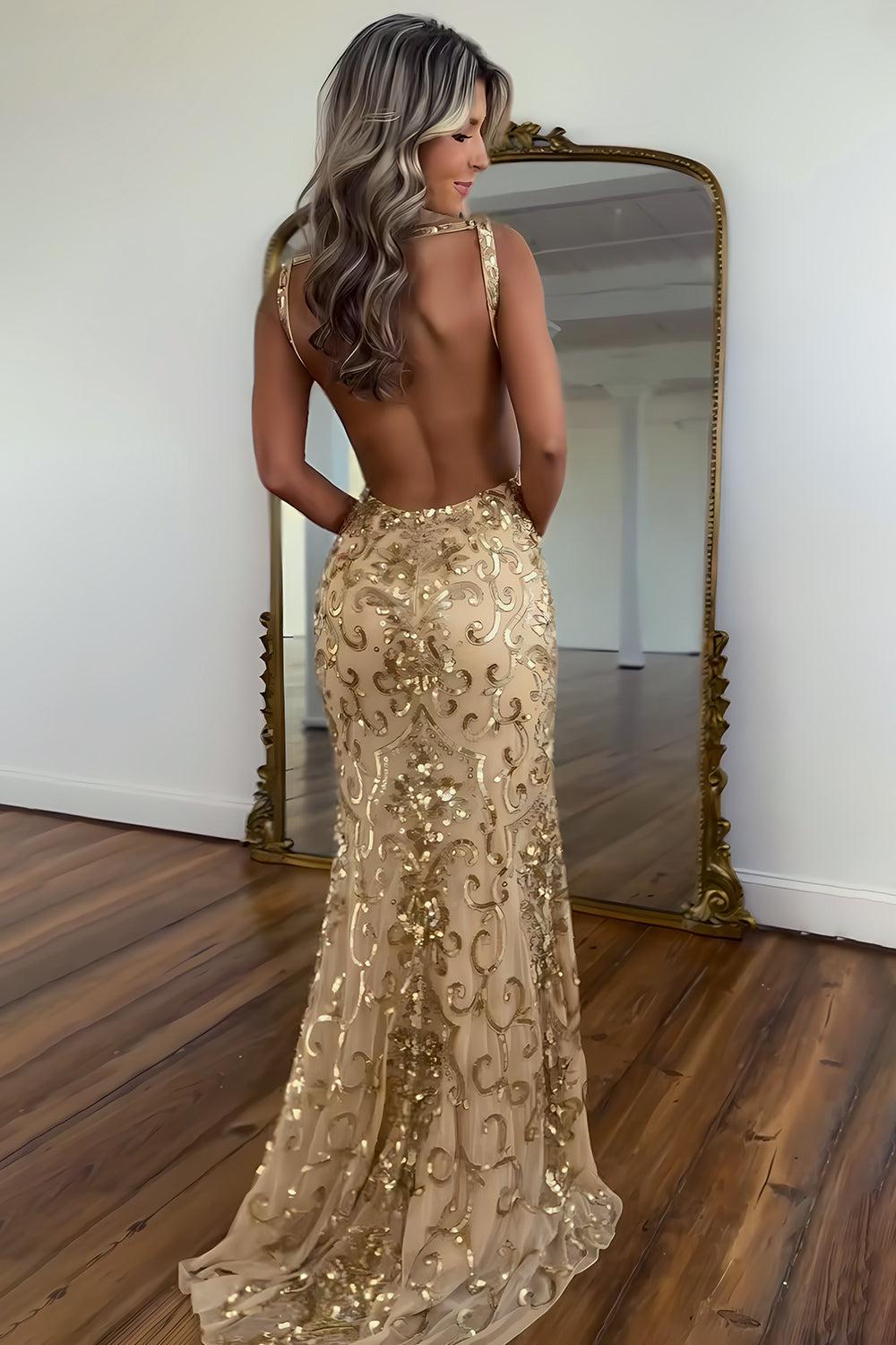 Dressystars Gold Sequin V-Neck Mermaid Prom Dress With Open Back And High Slit Formal Evening Gown