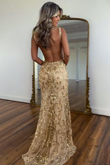 Dressystars Gold Sequin V-Neck Mermaid Prom Dress With Open Back And High Slit Formal Evening Gown