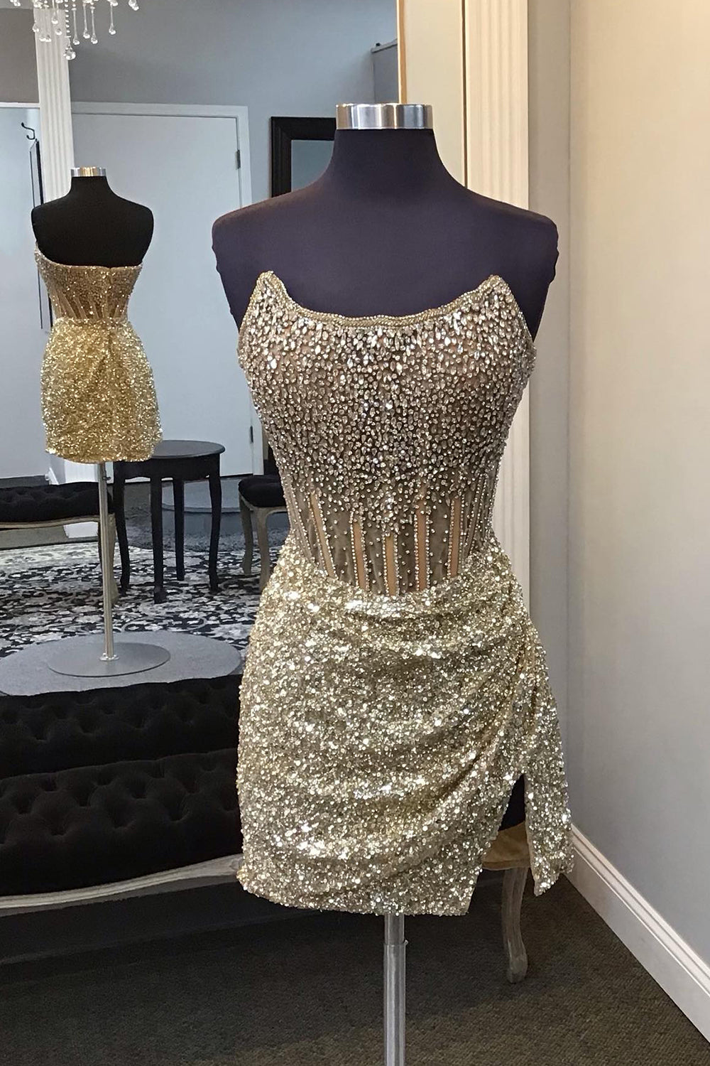 Dressystars Golden Homecoming Dress Corset Beaded Strapless Tight Short Prom Dress