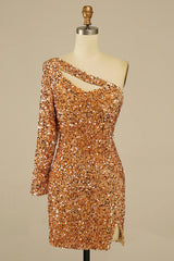 Dressystars Golden Homecoming Dress Cut Out Open Back One Shoulder Sequin Prom Dress