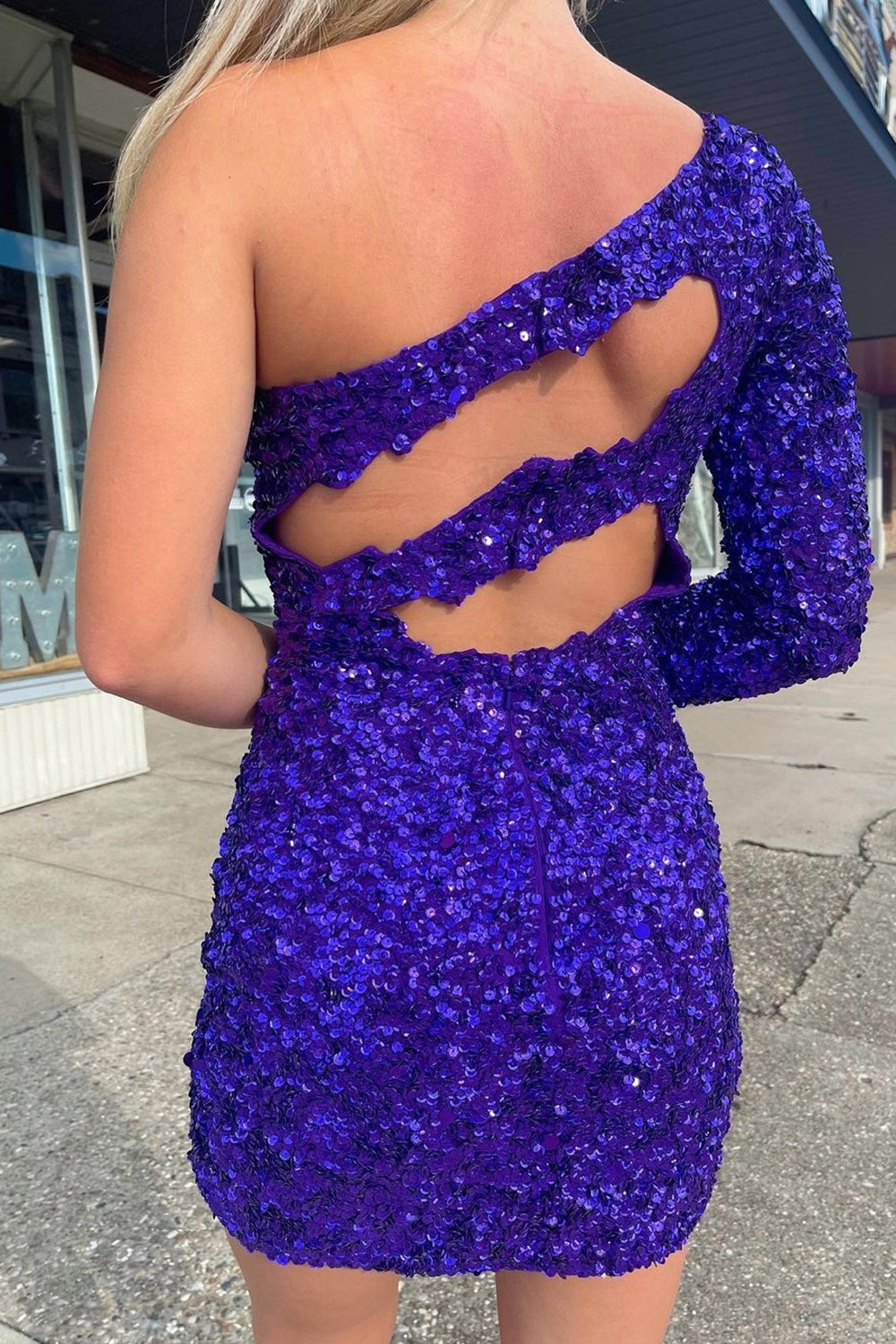 Dressystars Golden Homecoming Dress Cut Out Open Back One Shoulder Sequin Prom Dress