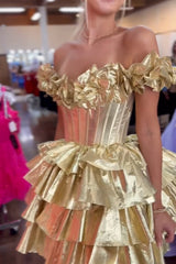 Dressystars Golden Homecoming Dress Off The Shoulder Corset Short Prom Dress With Ruffles